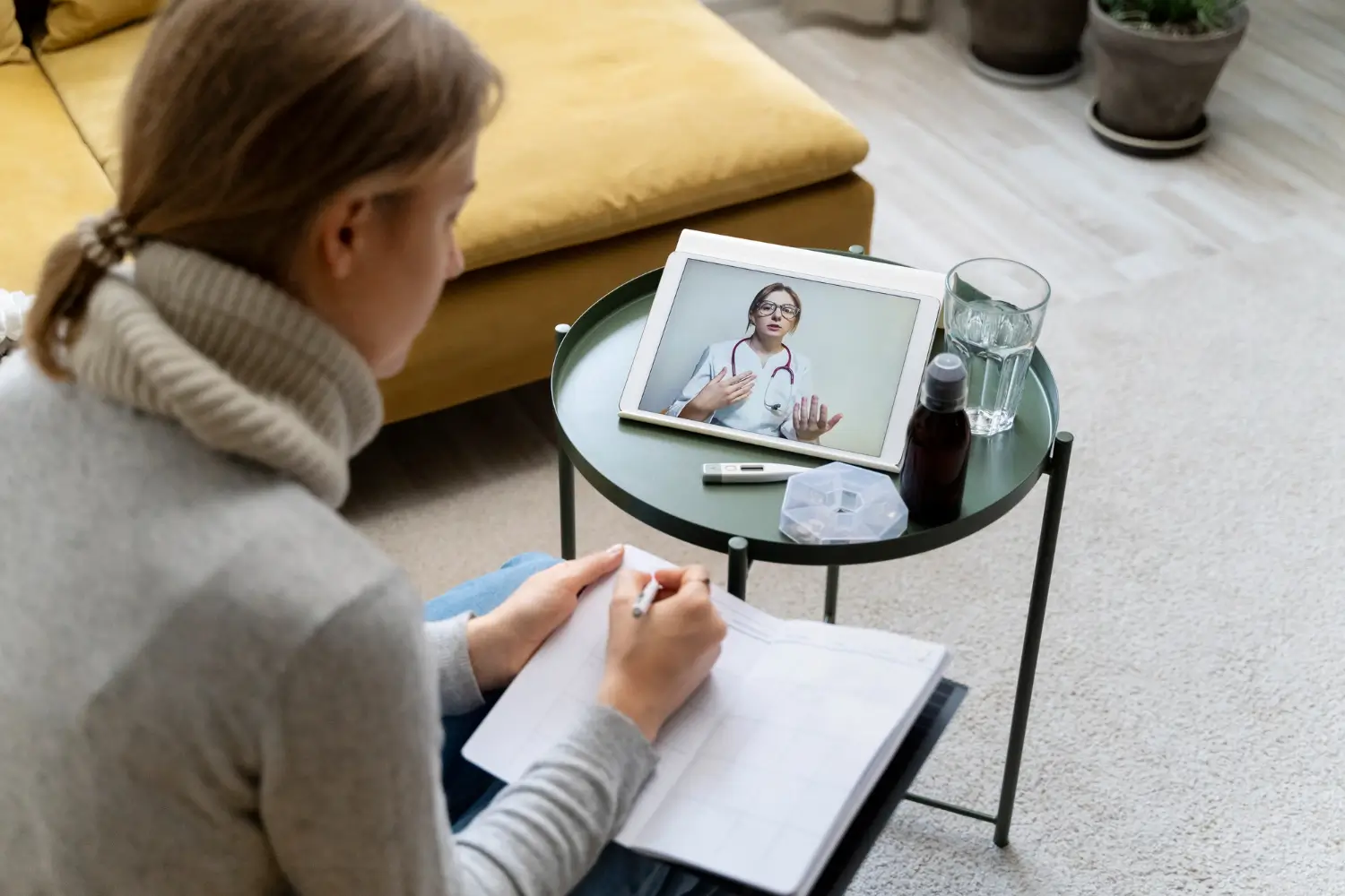Patient writing notes while consulting female doctor through video call on tablet.