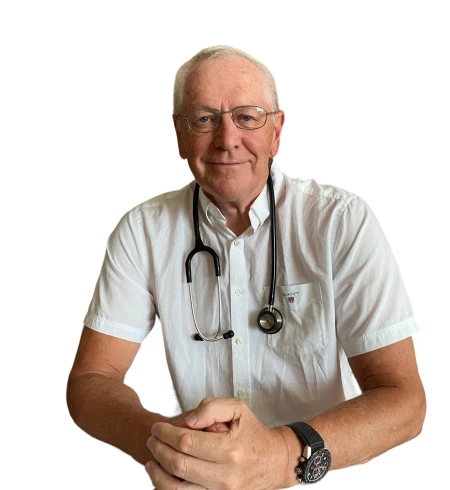 Senior male doctor wearing glasses and stethoscope smiling confidently at camera.